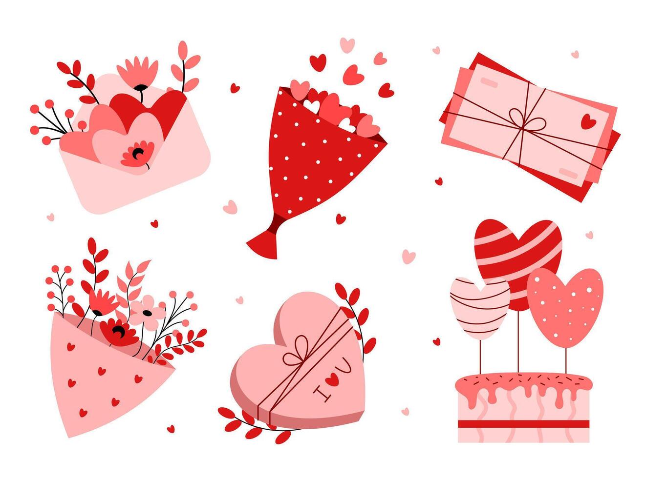 Valentine's Day set of elements. Love and romance concept. Envelope, bouquet, box of sweets, cake. For greeting cards, invitations, design, poster. illustration vector