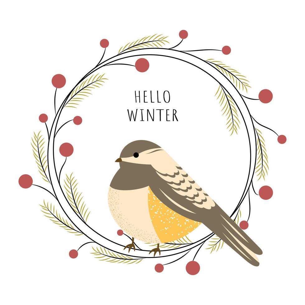 Hello winter. Bird in a Christmas wreath with branches and berries. Black-capped Chickadee. Winter vibe. illustration vector