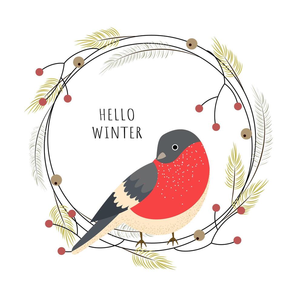 Hello winter. Bird in a Christmas wreath with branches and berries. Bullfinch. Winter vibe. illustration vector