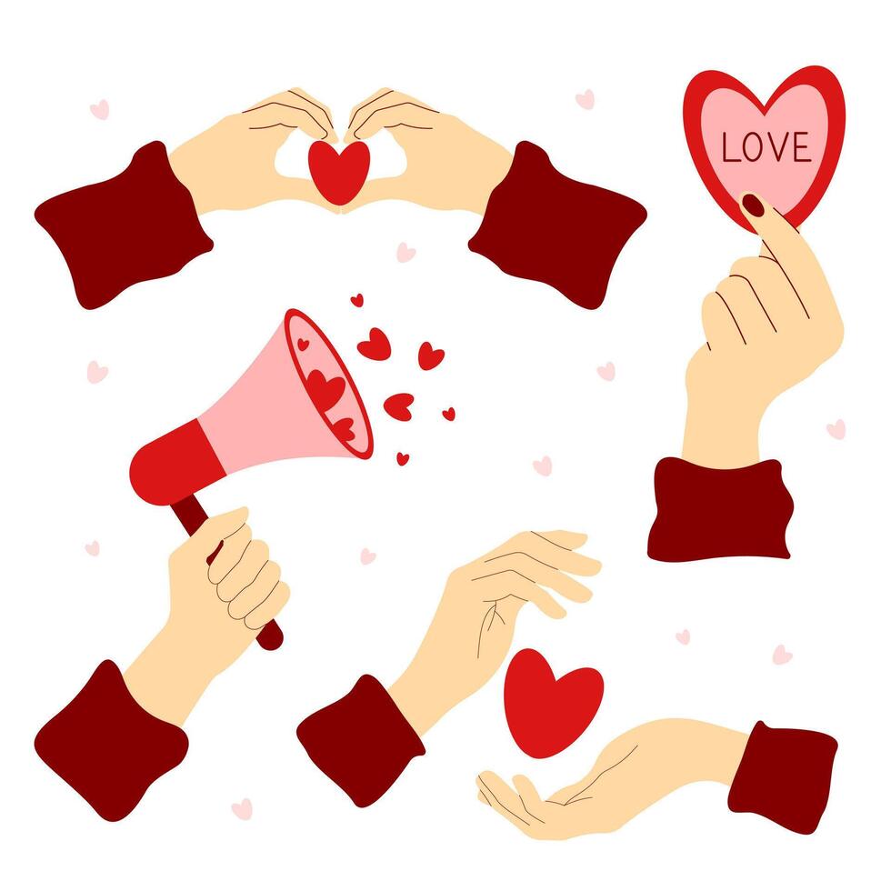 Set of hands with megaphone and hearts for Valentine's Day. Love and romance concept. illustration vector
