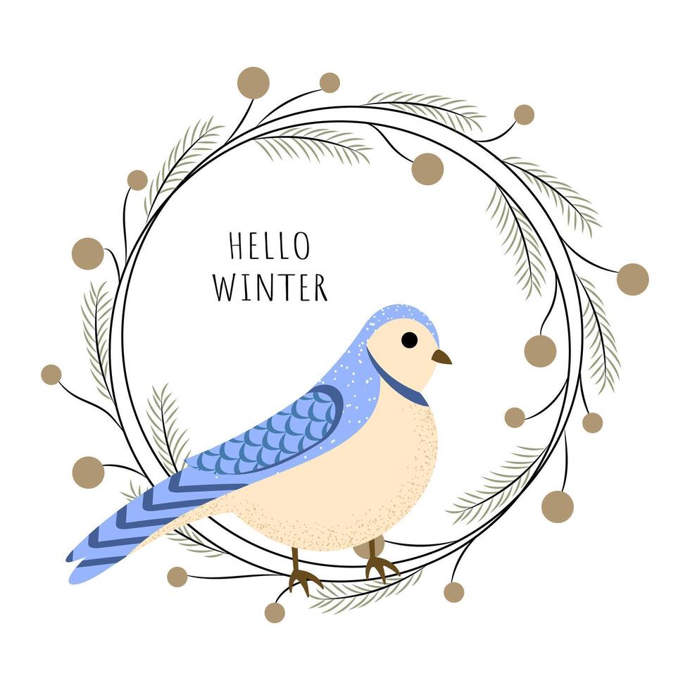 Hello winter. Bird in a Christmas wreath with branches and berries. Blue Jay. Winter vibe. illustration vector