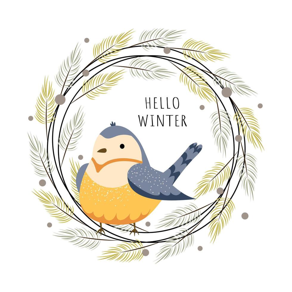 Hello winter. Bird in a Christmas wreath with branches and berries. Blue tit. Winter vibe. illustration vector