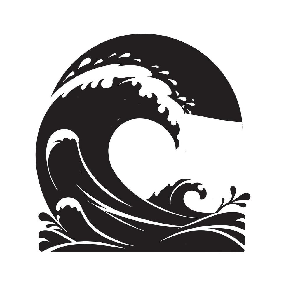 Black Ocean Wave Silhouette Crashing on White Background vector