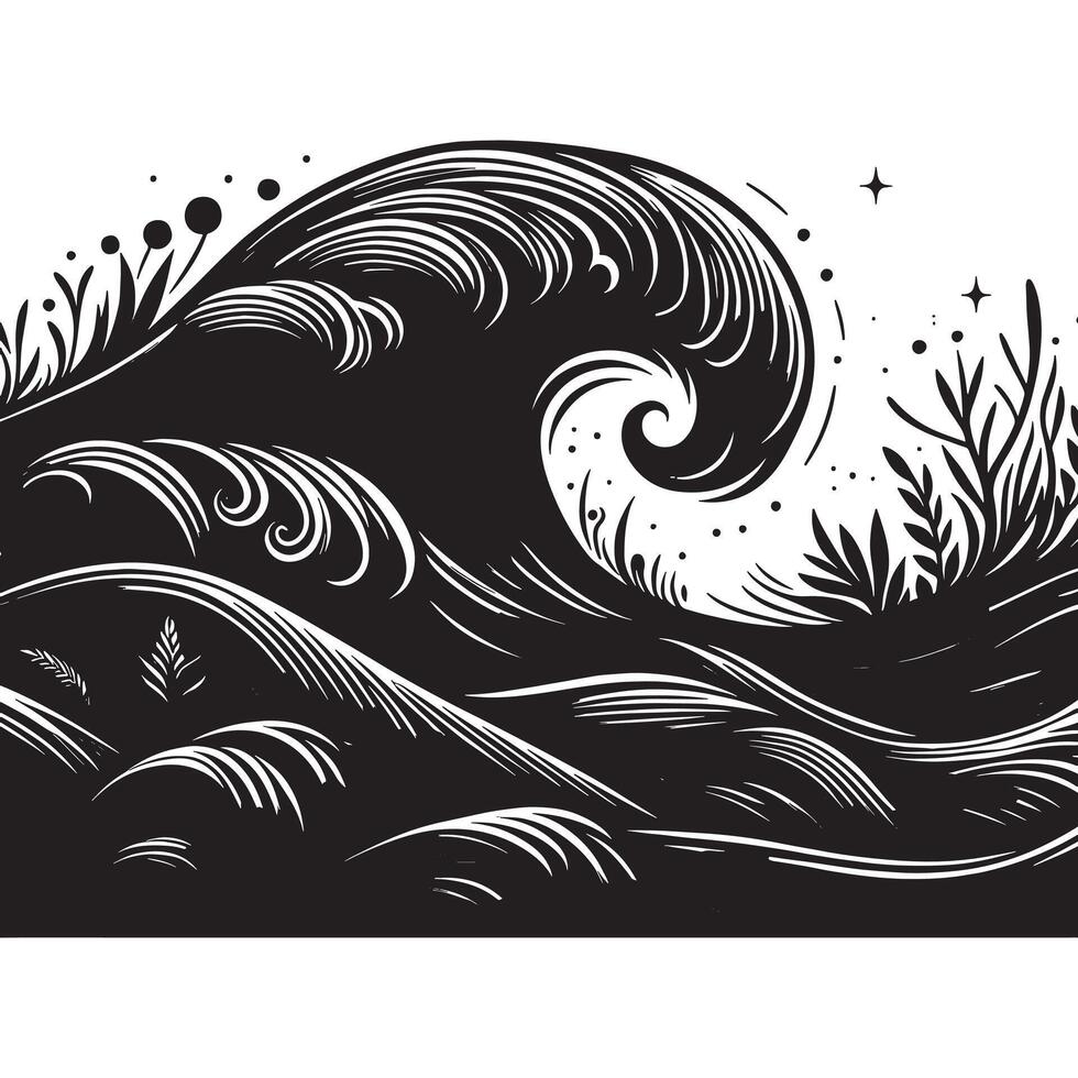 Black Silhouette of Ocean Wave Splitting on White Background vector