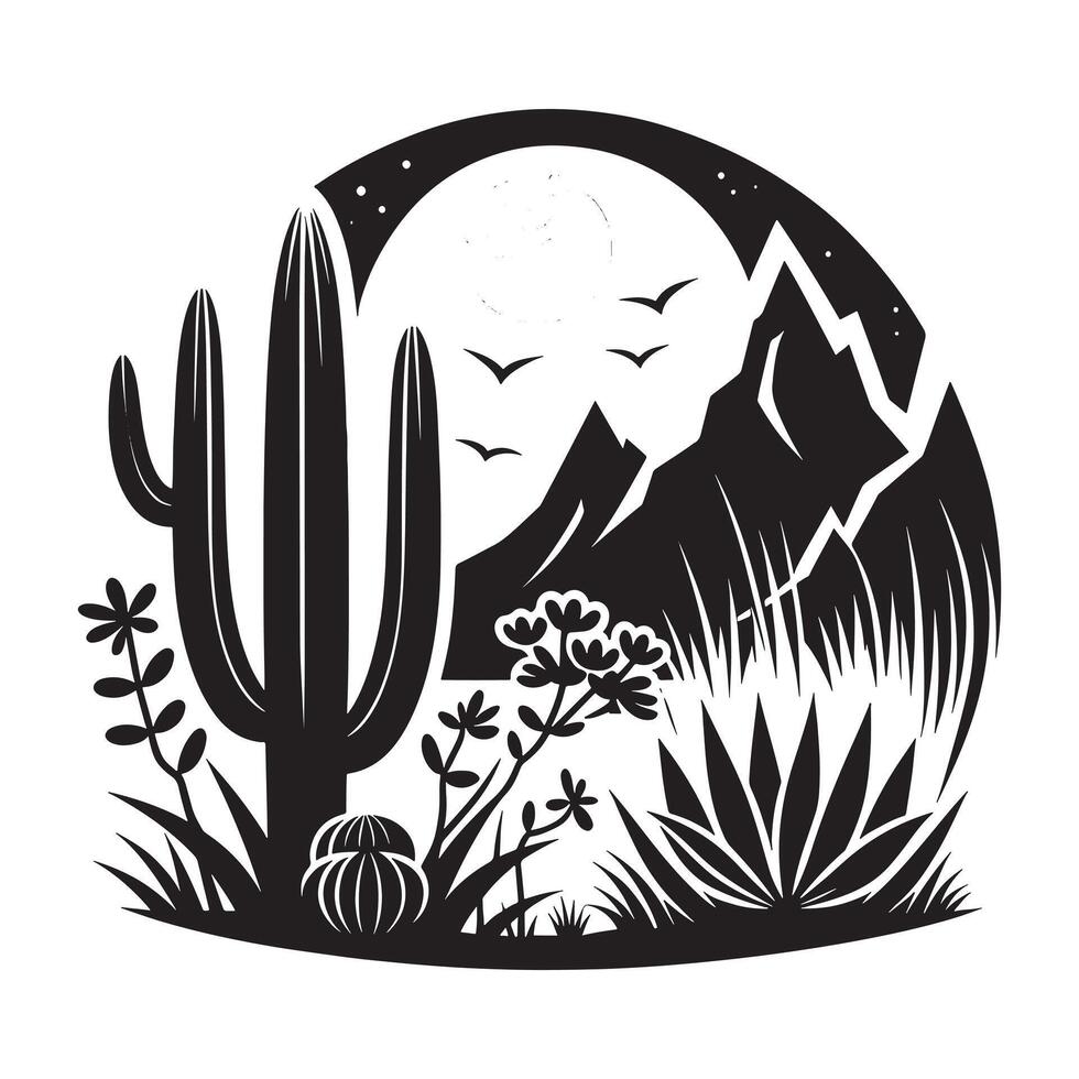 Black Silhouette of Desert Cactus on White Background vector