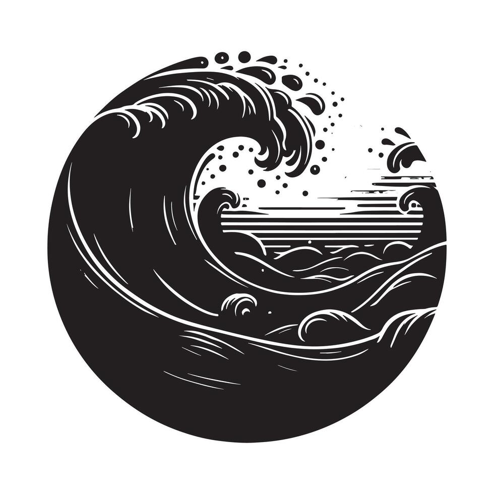 Deep Ocean Wave Silhouette Crashing on White Background vector