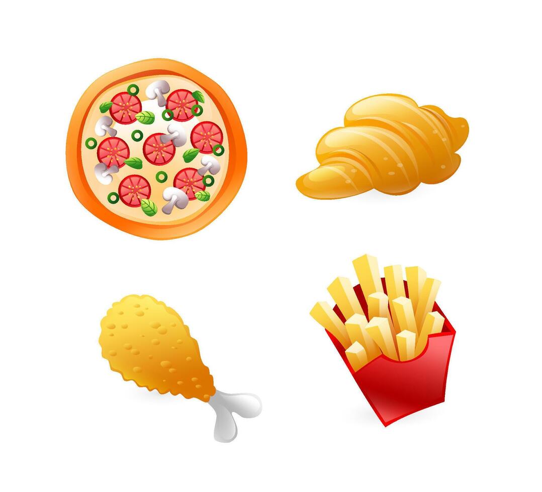 Set of fast food illustrations, fried wings, pizza, croissant, french fries, realistic in 3d style. vector