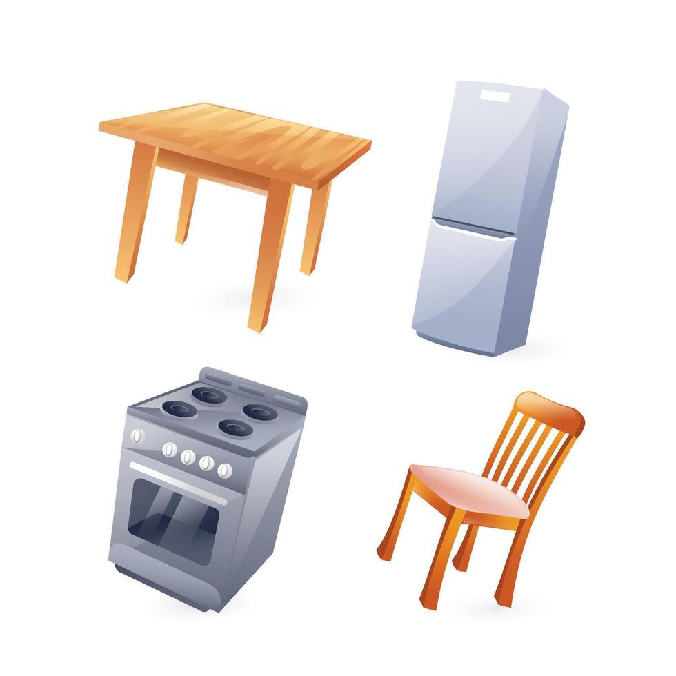 Set of illustrations of kitchen furniture, refrigerator, kitchen table, chair, kitchen stove, realistic in 3d style. vector