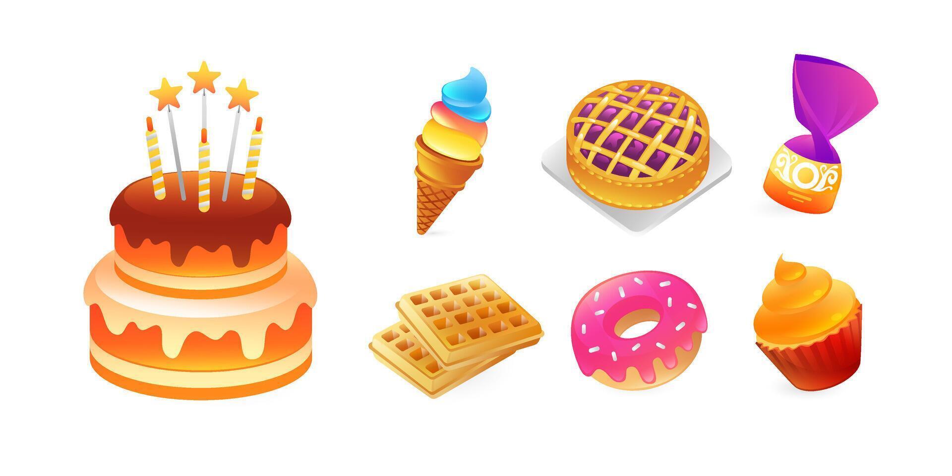 Set of icons of sweets and desserts, cake, ice cream, pie, candy, waffle, donut, muffin, realistic in 3d style. vector