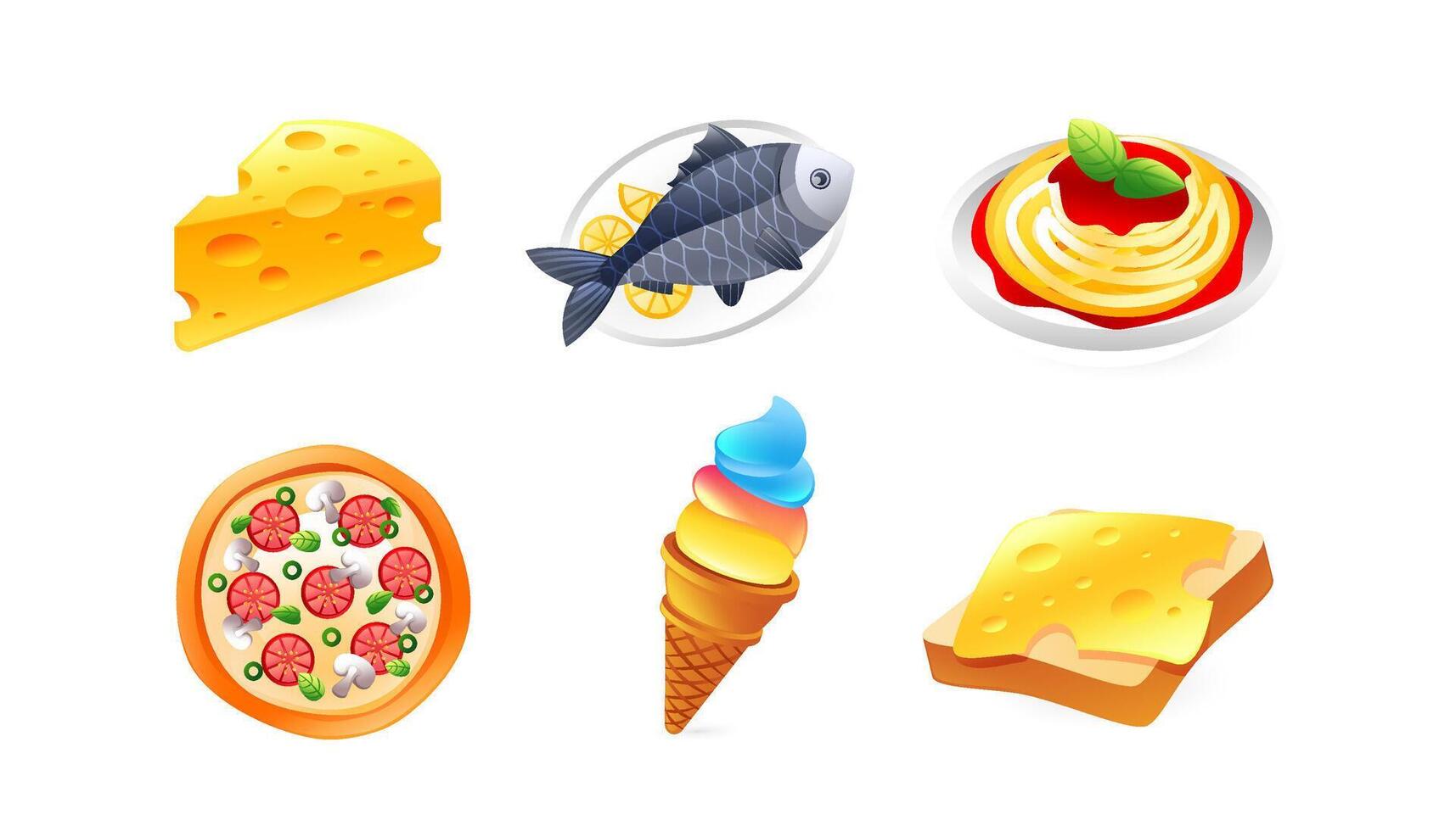 Set of italian food icons, pasta, fish, cheese, pizza, ice cream, toast with cheese, realistic in 3d style. vector