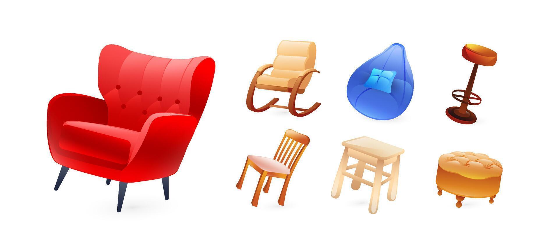 Set of illustrations of furniture for sitting, armchair, chair, rocking chair, bean bag, stool, bar stool, ottoman, realistic in 3d style. vector