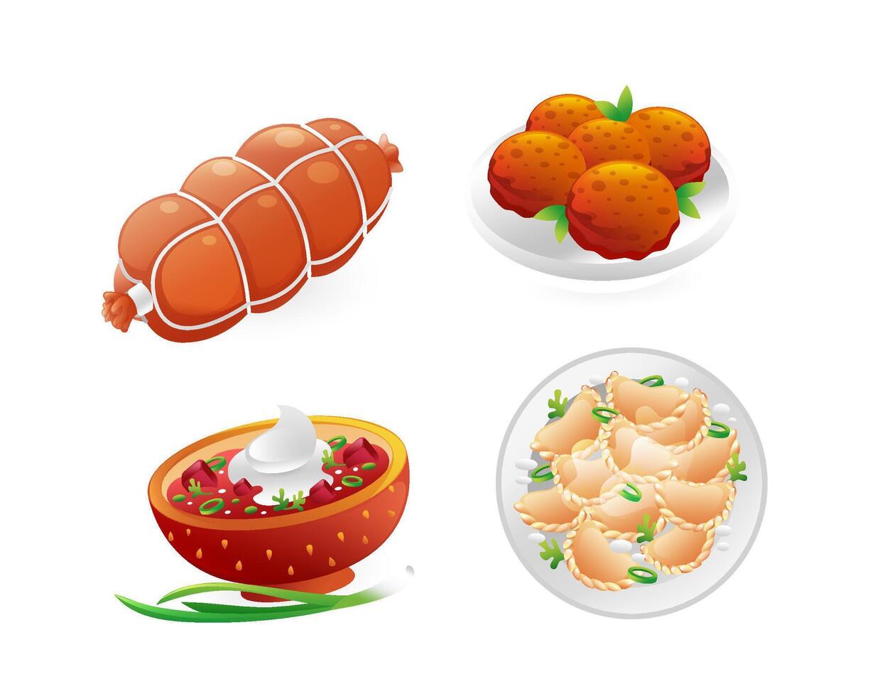 Set of Ukrainian food icons, borscht, Kiev cutlets, sausage, dumplings, realistic in 3D style. vector