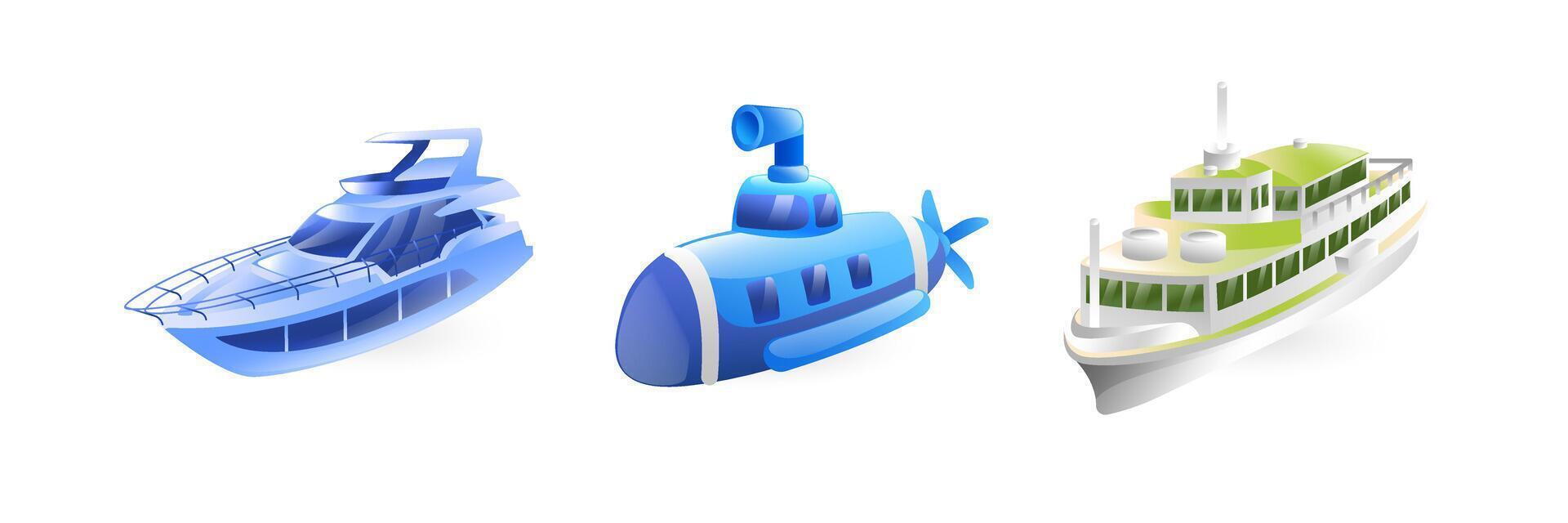 Set of illustrations of water transport, yacht, passenger ship, motor ship, submarine, realistic in 3D style. vector