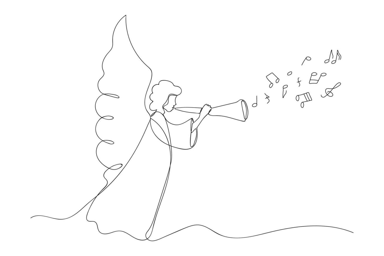 Continuous one line drawing of angel with trumpet. Angel blowing a horn vector