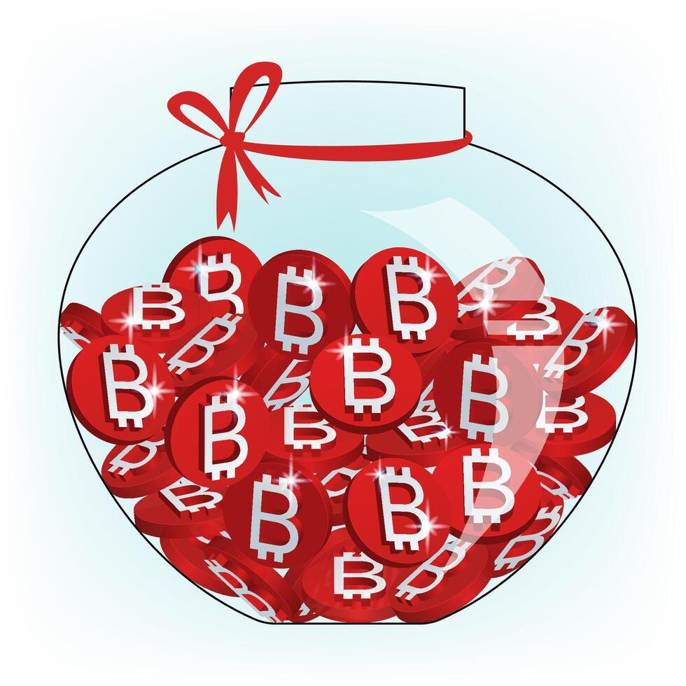 Glass Jar Filled with Red Bitcoin Crypto Coins. vector