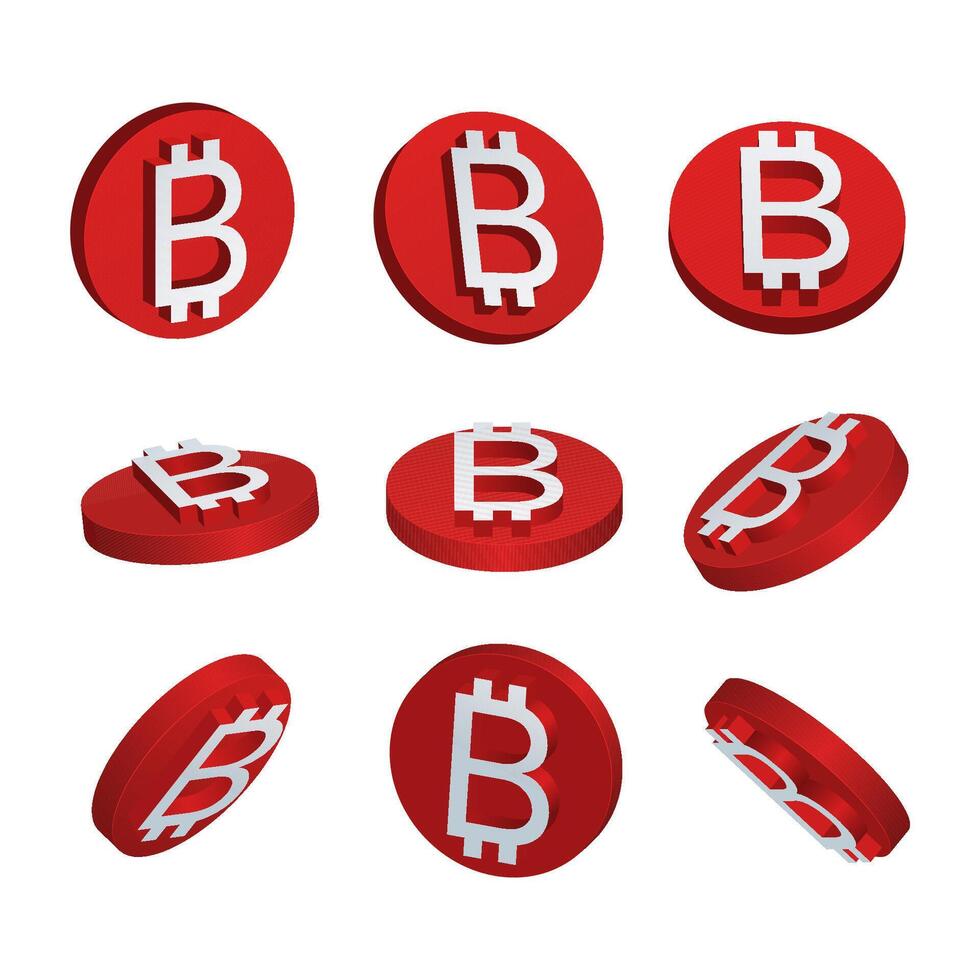Set of bitcoin coins from different views in 3d. vector