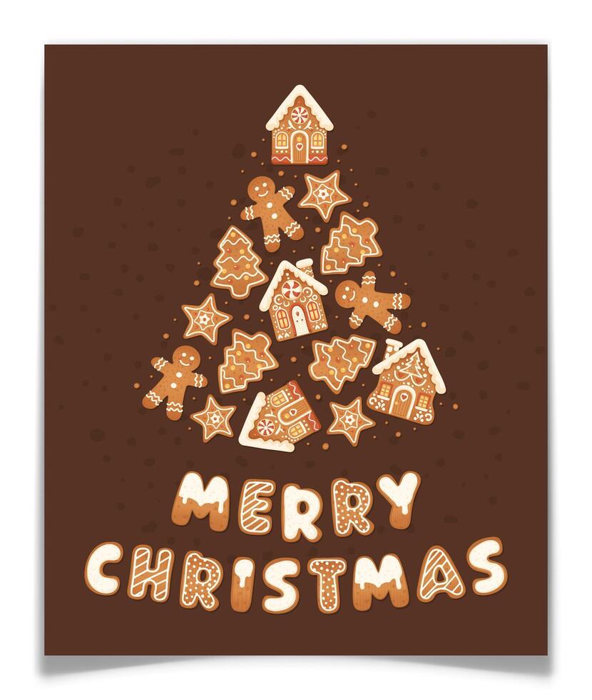 Christmas Tree with Gingerbread Cookies Postcard. vector