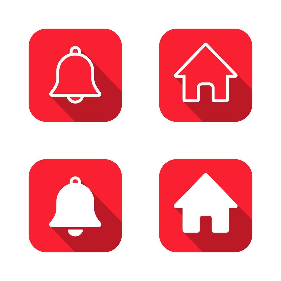 Bell and home icon with long shadow. New notice and house sign symbol on red square vector