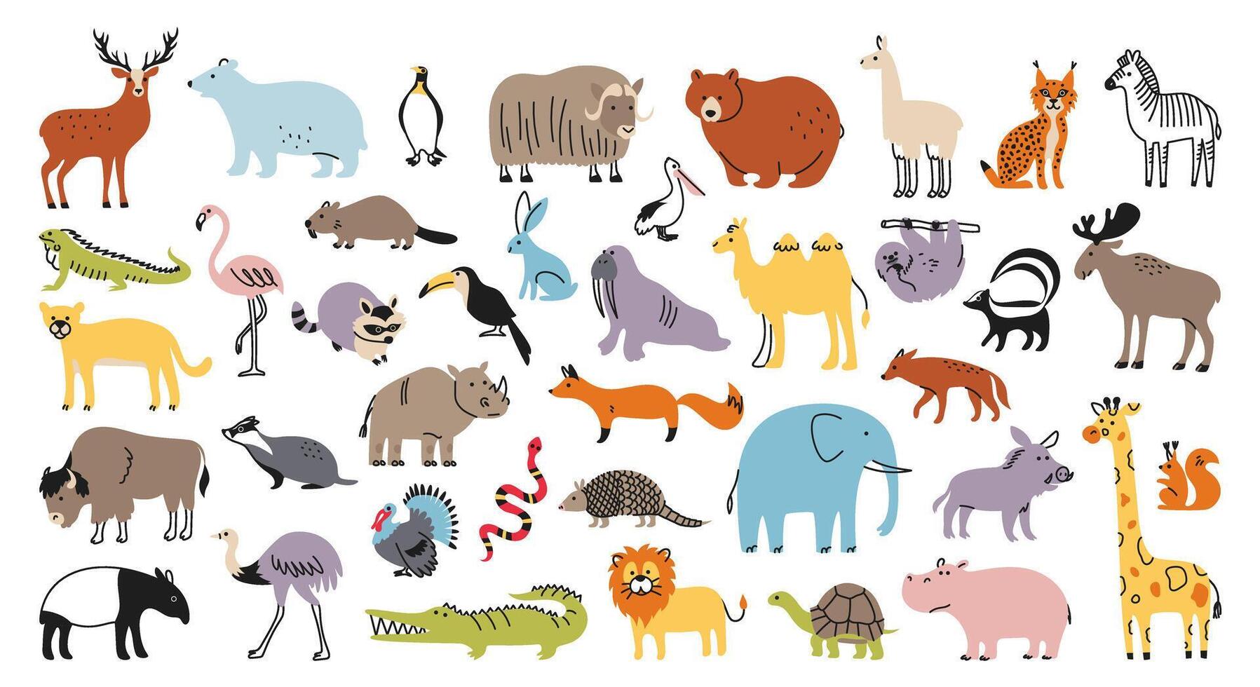 Large set of animals of America, Europe and Africa. Wild animals, reptiles and birds. Linear characters in doodle flat style vector