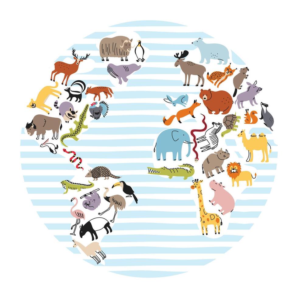 Animal world map on land for kids. Poster with cute animals in flat doodle style. characters on different continents of the world vector