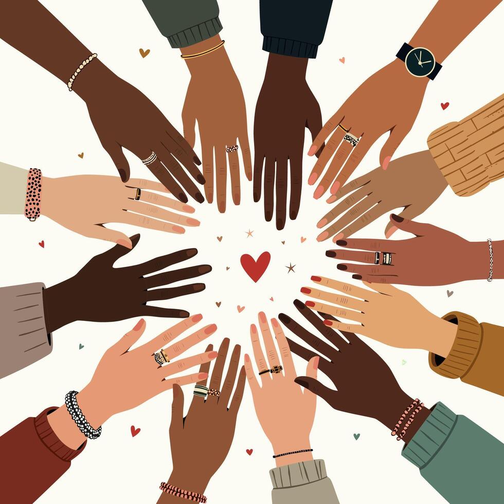 Diverse Hands in Unity Circle with Heart Symbols vector