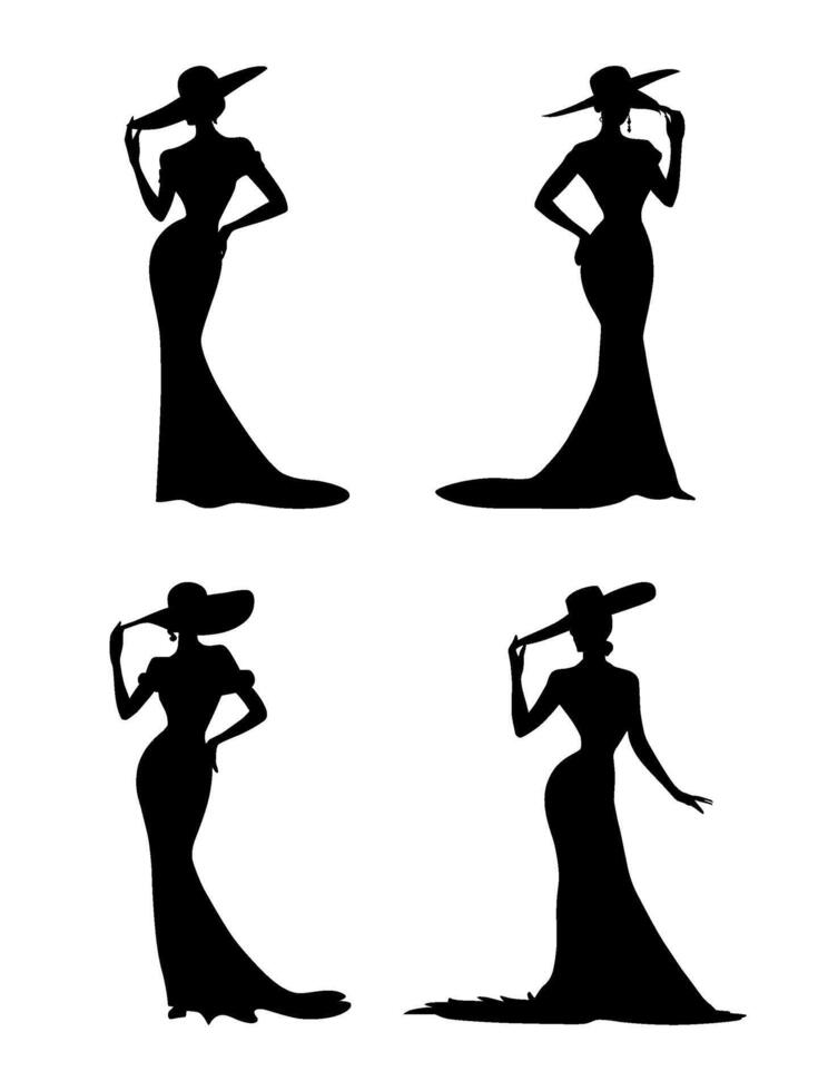 Vintage Style Ladies in Evening Gowns Silhouette Set vector