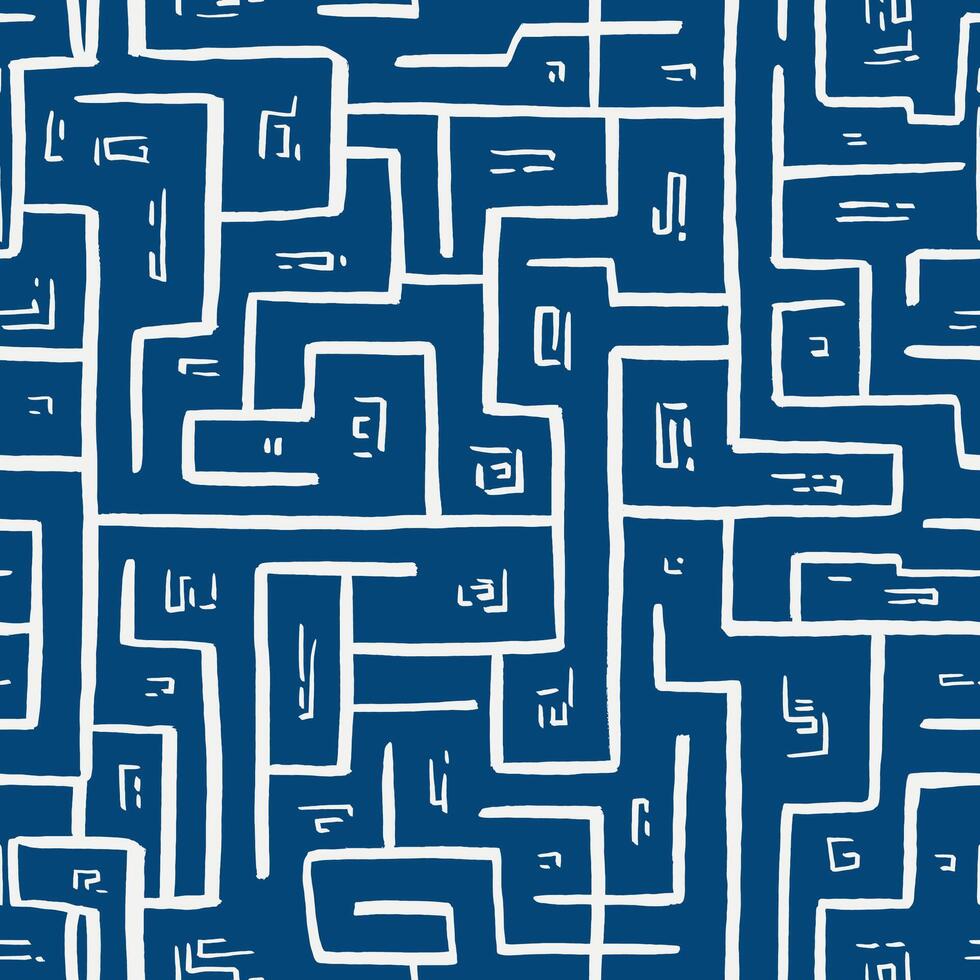 Intricate Blue and White Maze Seamless Pattern Design with Random Paths vector