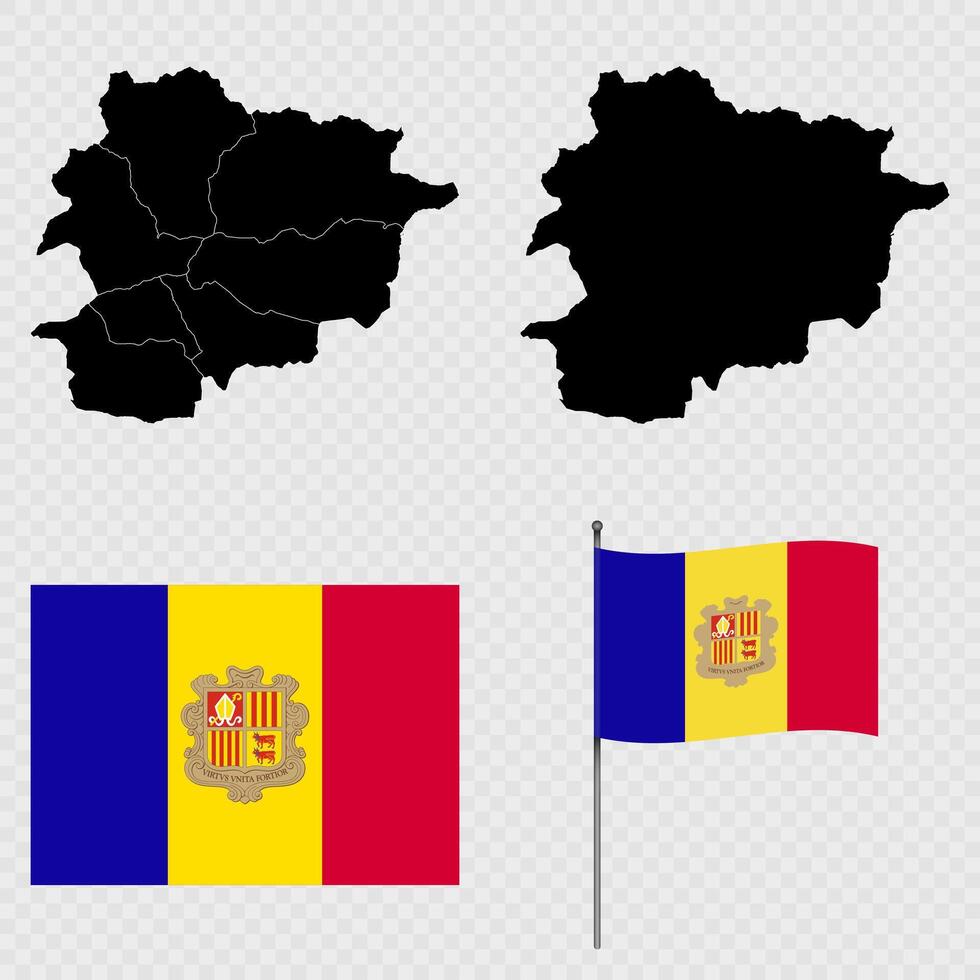 Set of maps, flag and flagpole of Andorra. illustration. vector