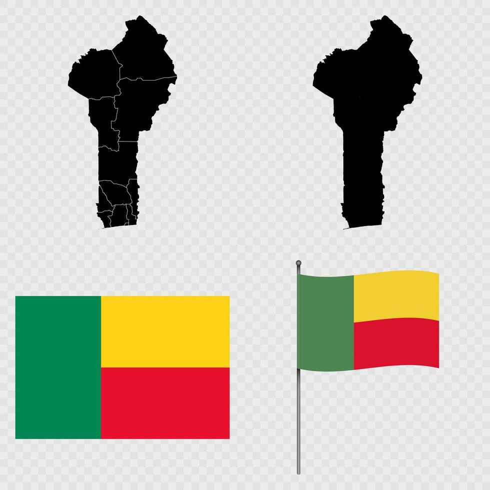Set of maps, flag and flagpole of Benin. illustration. vector