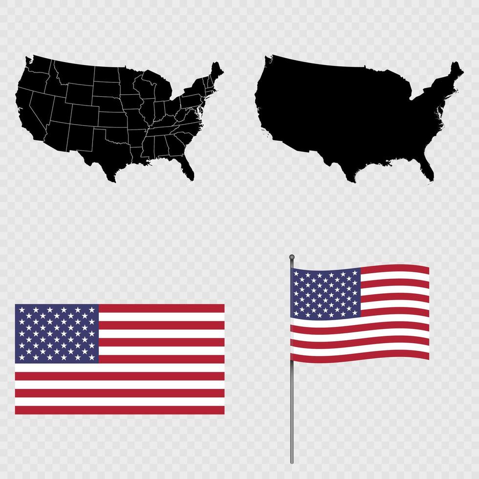 Set of maps, flag and flagpole of USA. illustration. vector