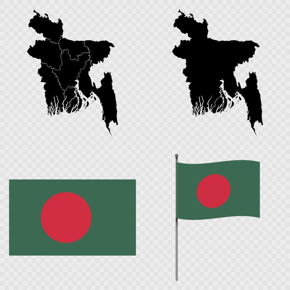 Set of maps, flag and flagpole of Bangladesh. illustration. vector