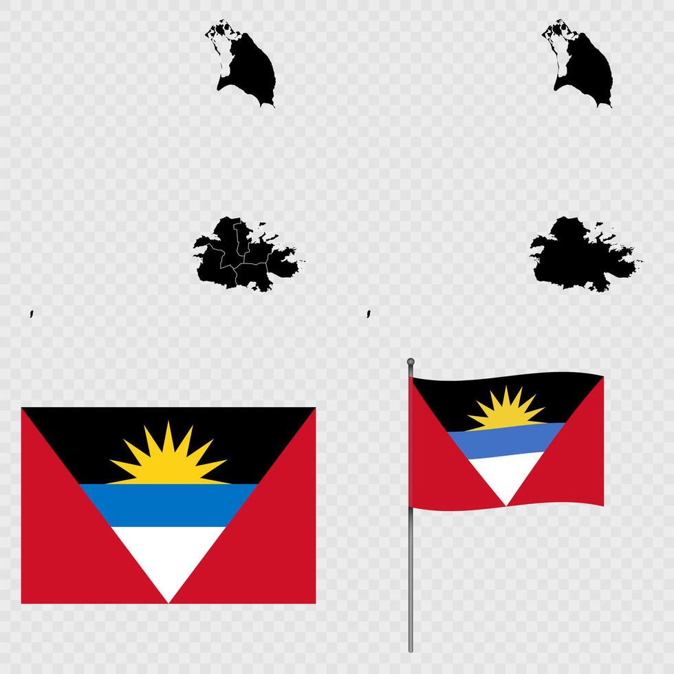 Set of maps, flag and flagpole of Antigua and Barbuda. illustration. vector