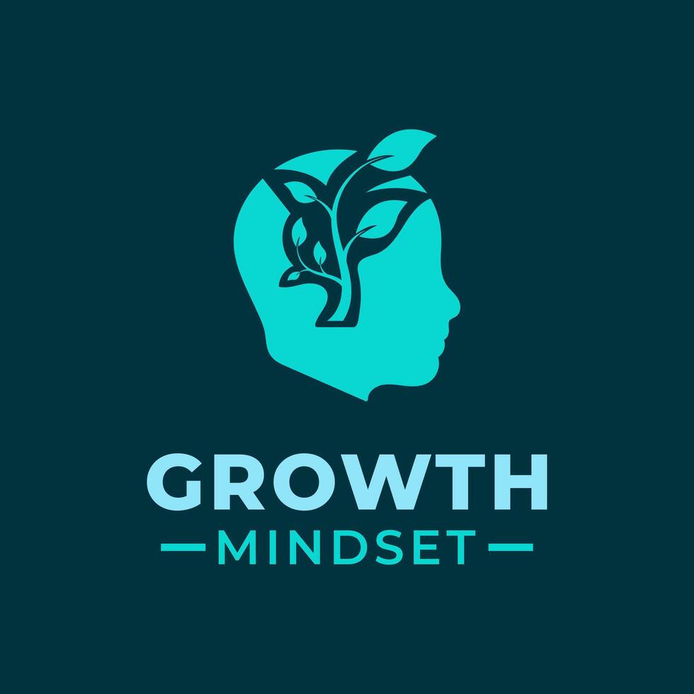 Growth Mindset logo design template with human head and plant stem. Next level thinking concept. vector