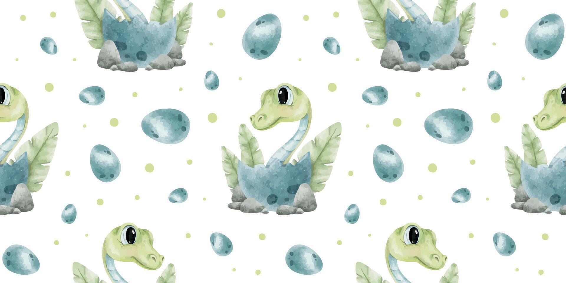 Green snakes in nest, blue eggs, dots and palm leaves. Watercolor nursery seamless surface pattern design. Cute baby reptile on green background. Print for clothes, textile, office supplies, linen vector