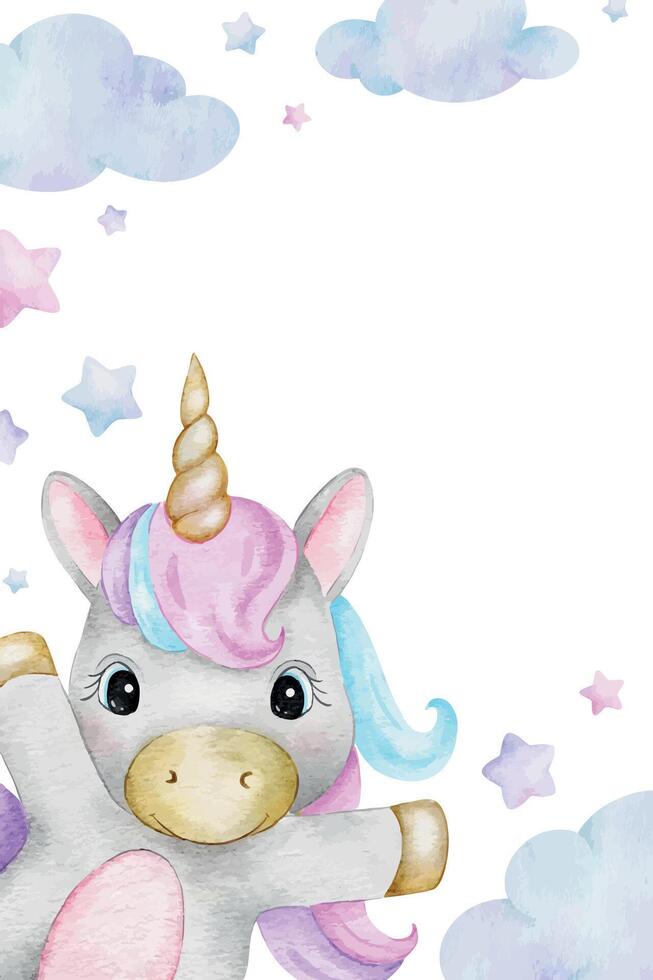 Unicorn, clouds, stars. Cute baby fairy tale horse. Isolated hand drawn watercolor frame. Layout for kid's goods, invitations, postcards, poster, baby shower and children's room vector