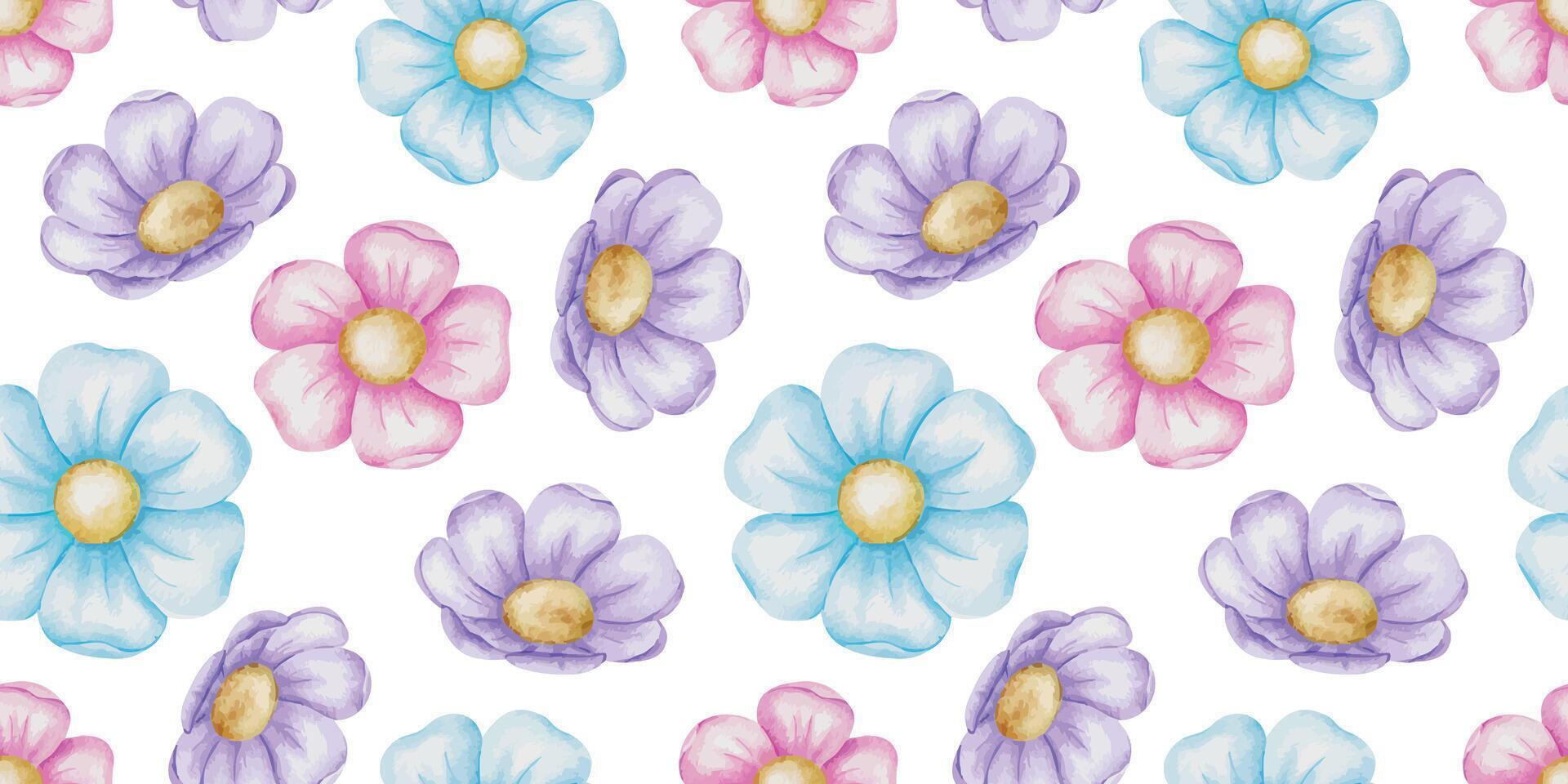 Simple colorful flowers. Hand drawn isolated watercolor seamless pattern. Floral kids background for kid's goods, clothes, textile, baby shower, wallpaper, children's room vector