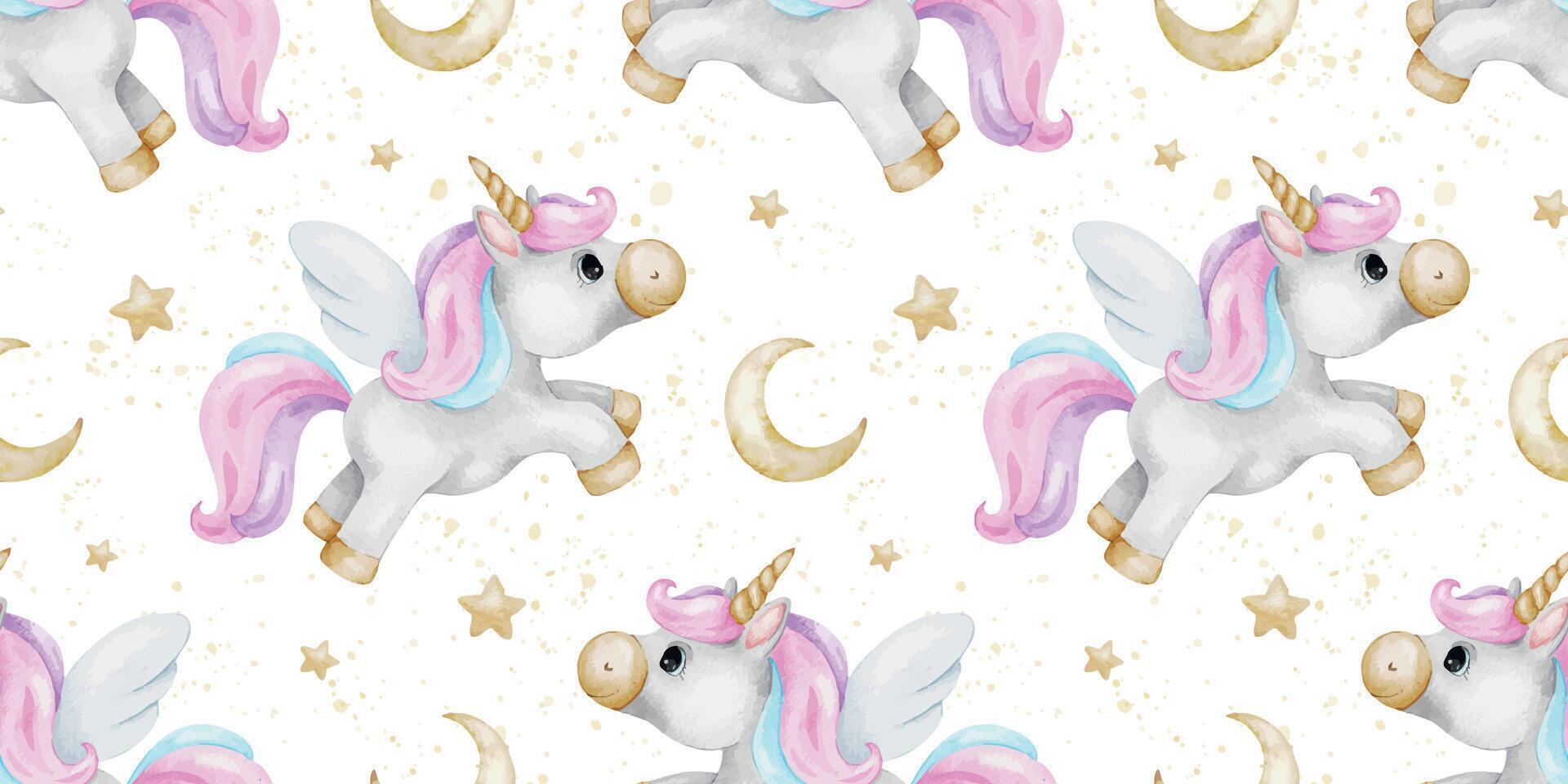 Unicorns, Crescent moon and stars. Watercolor hand drawn nursery seamless pattern. Cute background for baby girl. Print for kid's goods, clothes, textile, baby shower, wallpaper, children's room vector