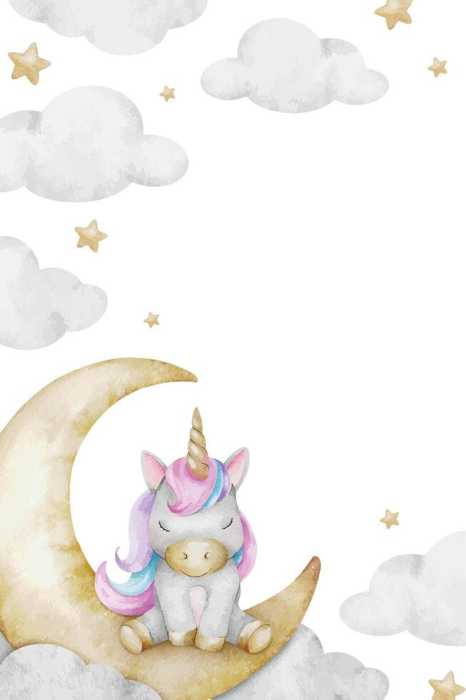 Unicorn, clouds, crescent moon, stars. Layout of Cute baby fairy tale horse. Isolated hand drawn watercolor frame. Template for kid's goods, cards, stationery poster, baby shower and children's room vector