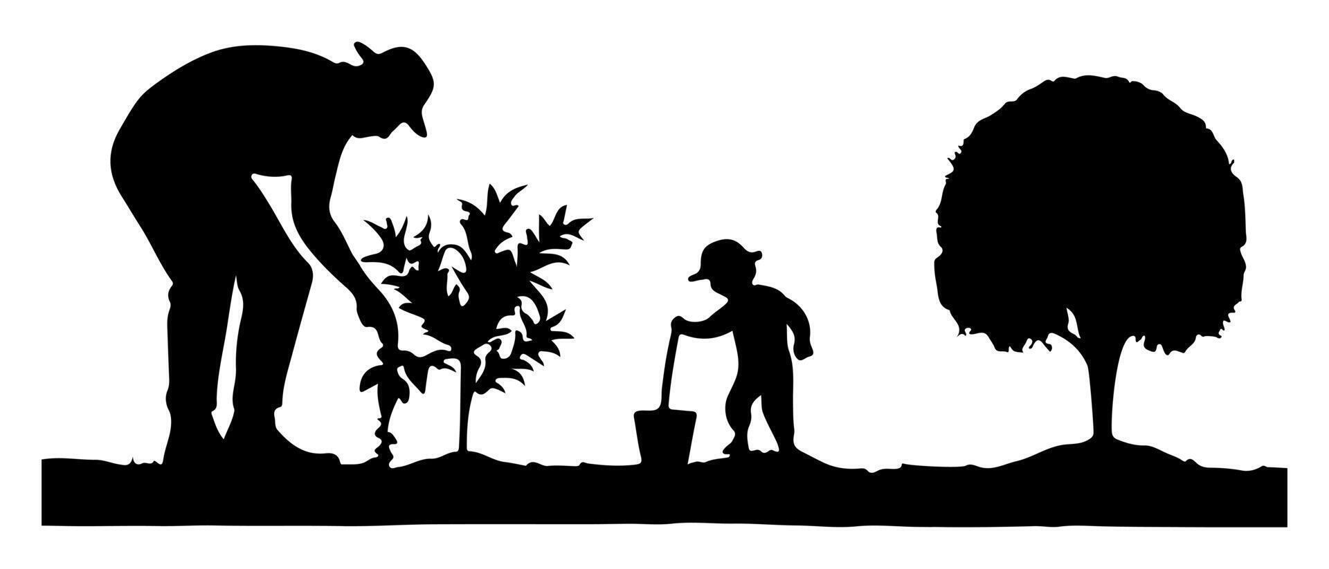 Sustainable Concept Illustrations with Black Silhouettes of People Planting Trees vector