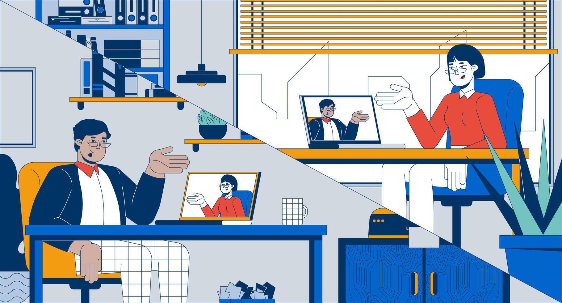 Virtual meeting remote employees flat illustration. Diverse coworkers working remotely 2D characters cartoon background. conferencing laptops home offices scene storytelling image vector