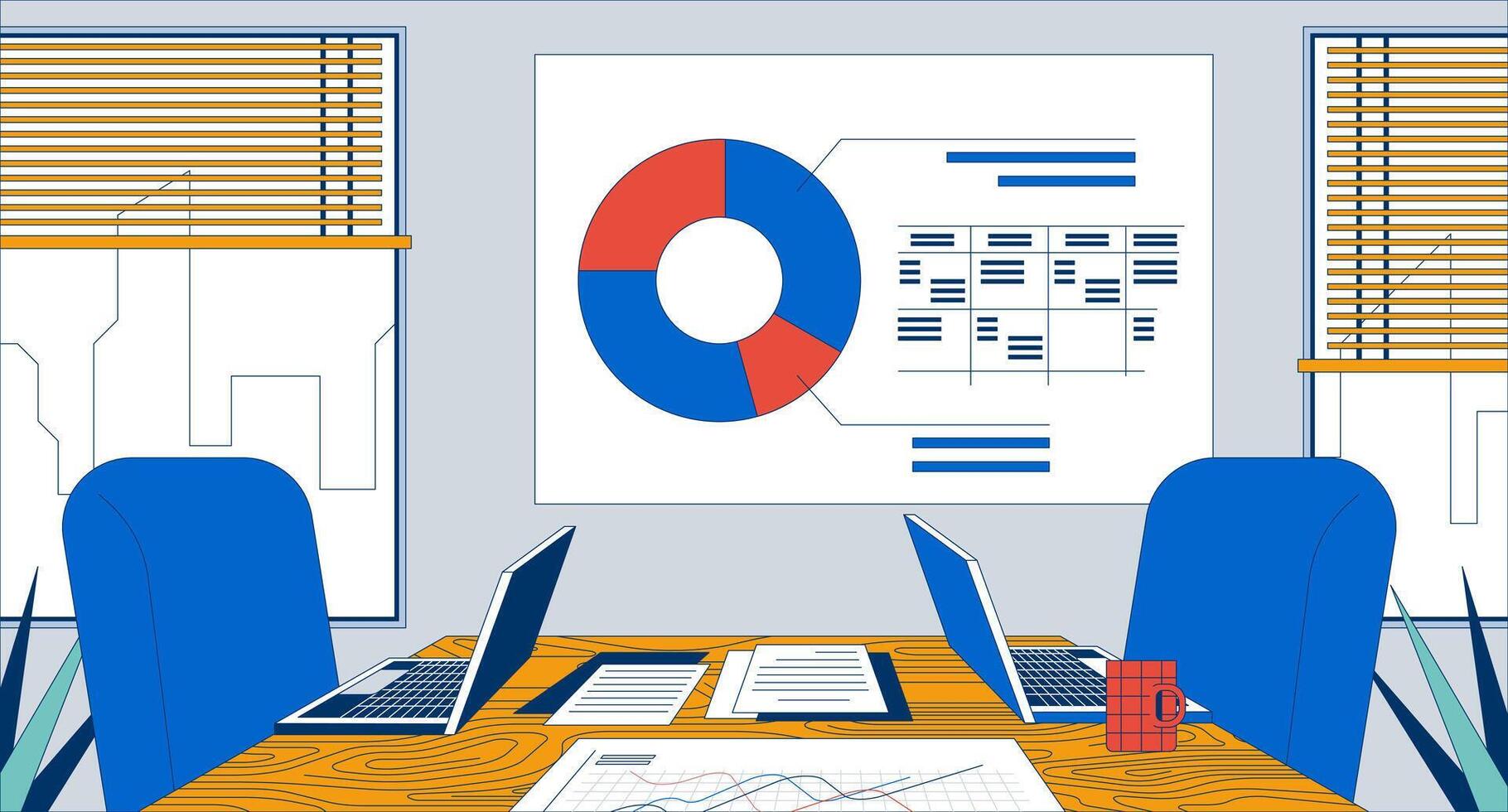 Empty meeting room for two people flat illustration. Paperwork laptops on desk with chairs, charts presentation whiteboard 2D interior cartoon background. Donut graph, data table scene image vector