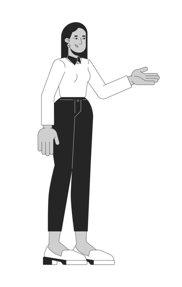 Positive arab woman pointing aside black and white 2D line character. Middle eastern female company manager presenting products isolated outline person. Monochromatic spot illustration vector