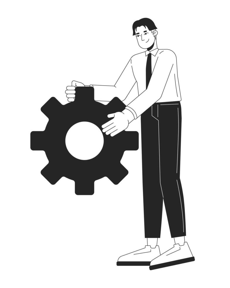 Positive asian man office worker with gear black and white 2D line character. Corporate employee male carrying mechanism detail isolated outline person. Monochromatic spot illustration vector