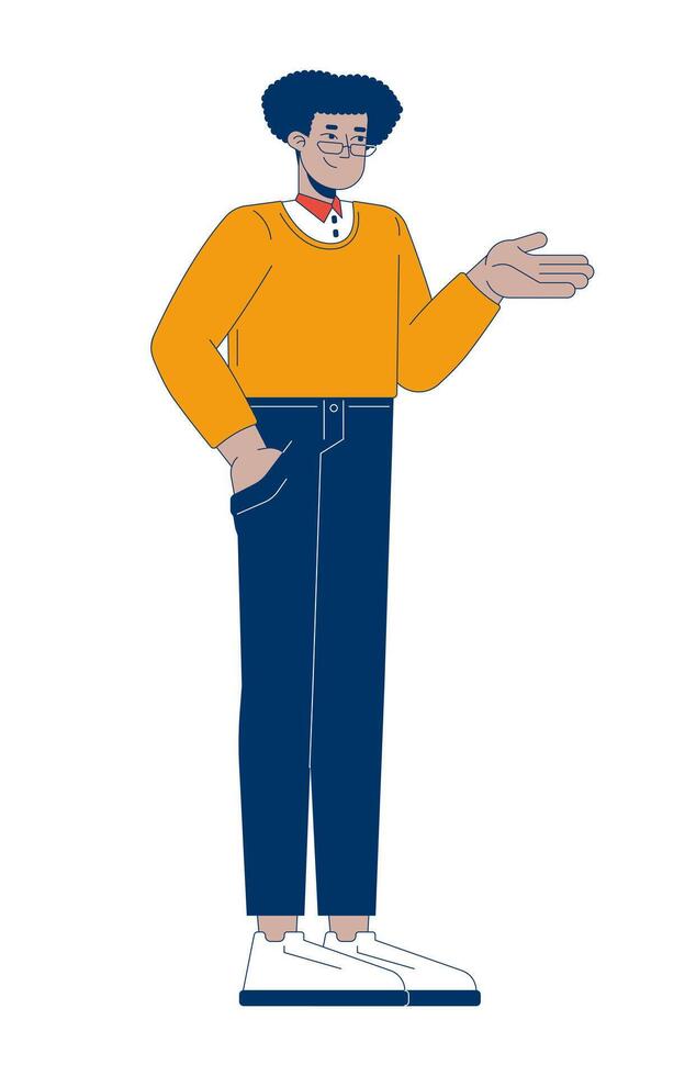 Business casual latin american man standing with hand in pocket 2D cartoon character. Hispanic male employee gesturing isolated person flat on white background. Spot illustration colorful vector