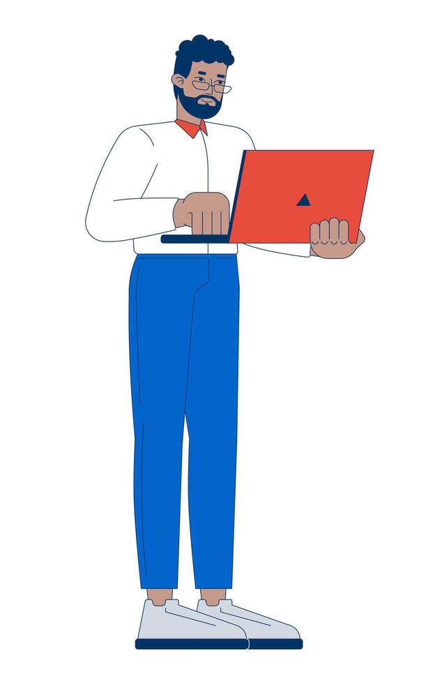 Business casual black man standing with laptop typing 2D cartoon character. African american businessman glasses working isolated person flat on white background. Spot illustration colorful vector