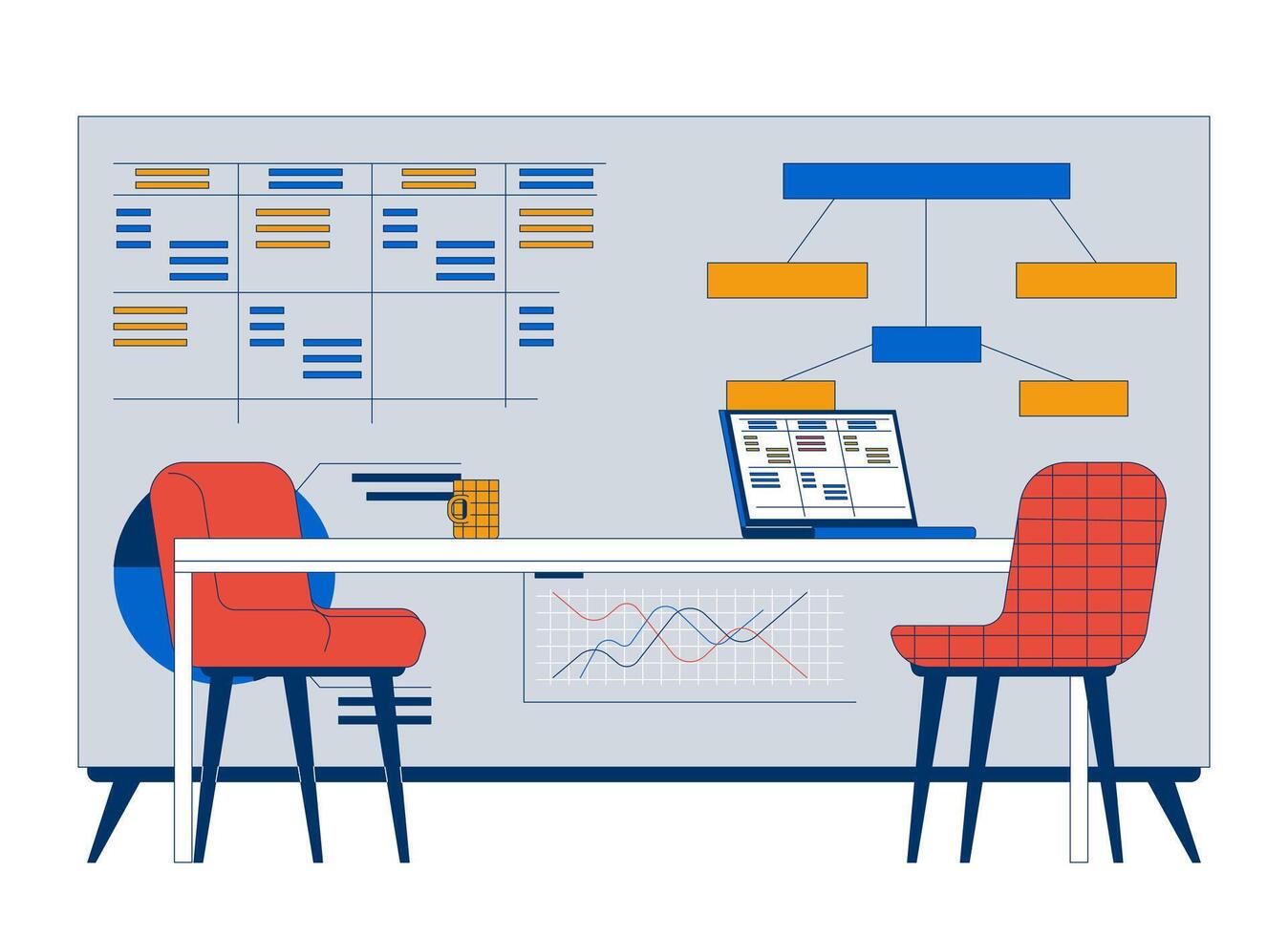 Company strategic planning presentation board table cartoon flat illustration. Data table, block diagram, stats charts. Laptop desk chairs 2D scene isolated on white background. colorful image vector