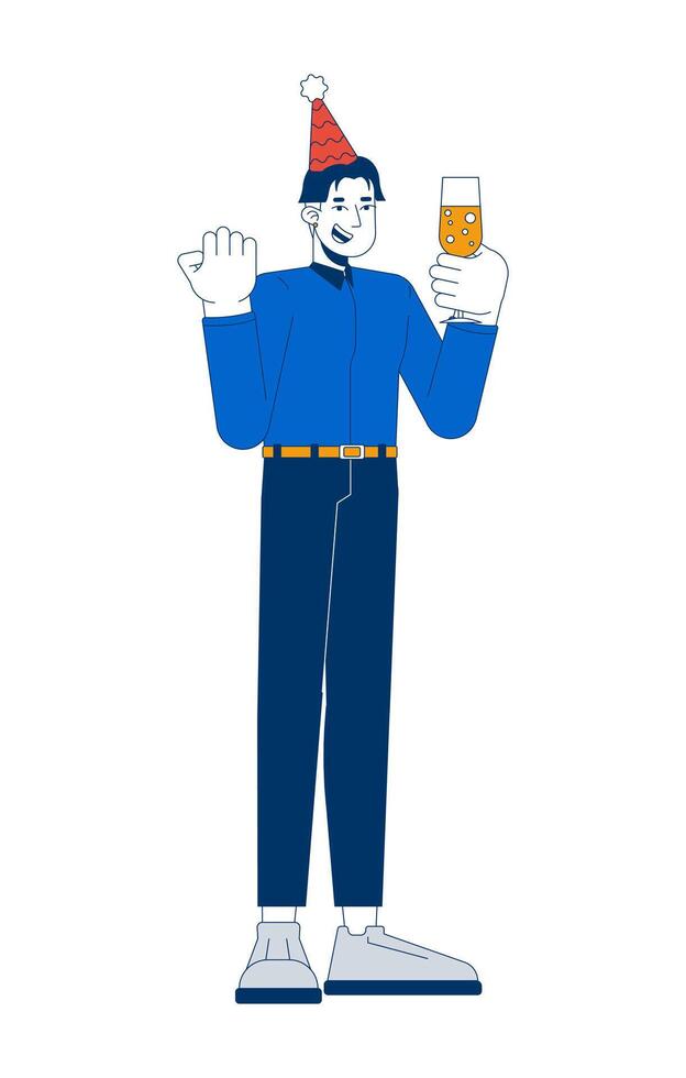 Korean office worker in party hat holding sparkling wine glass 2D cartoon character. Asian male employee toasting wineglass isolated person flat on white background. Spot illustration colorful vector