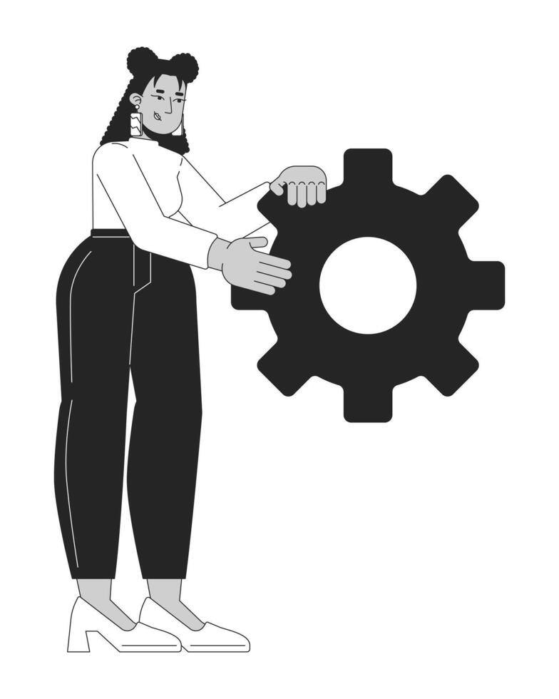 Latin american businesswoman holding gear black and white 2D line character. Hispanic woman with overweight showing cogwheel isolated outline person. Monochromatic spot illustration vector