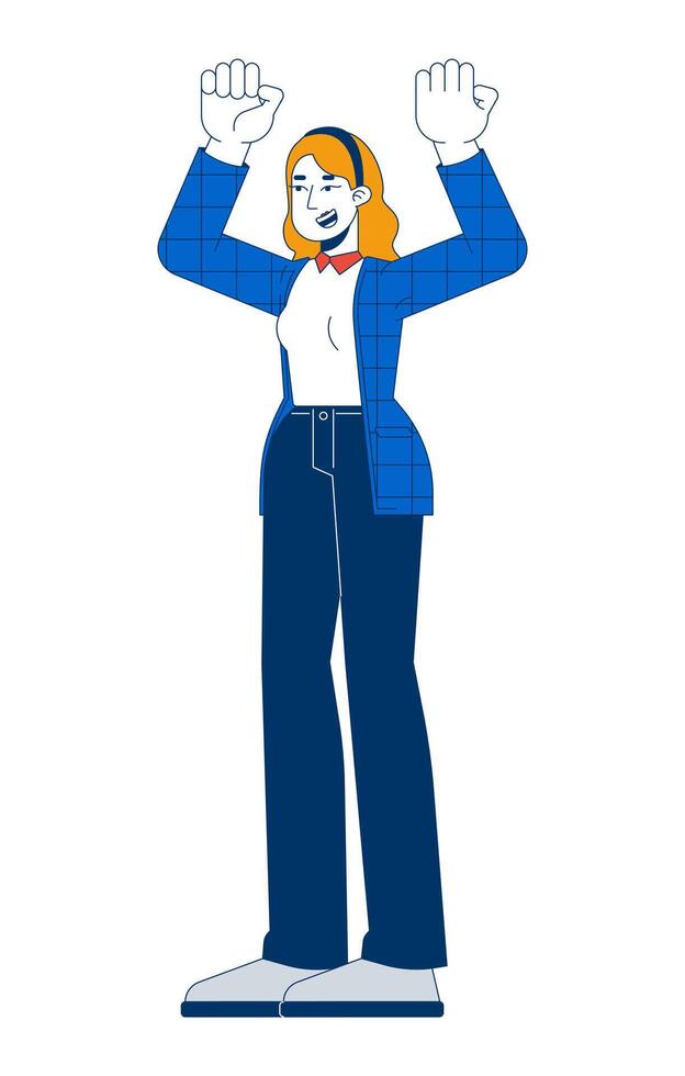 Happy caucasian businesswoman celebrating success 2D cartoon character. Young female raising hands for victory isolated person flat on white background. Spot illustration colorful vector