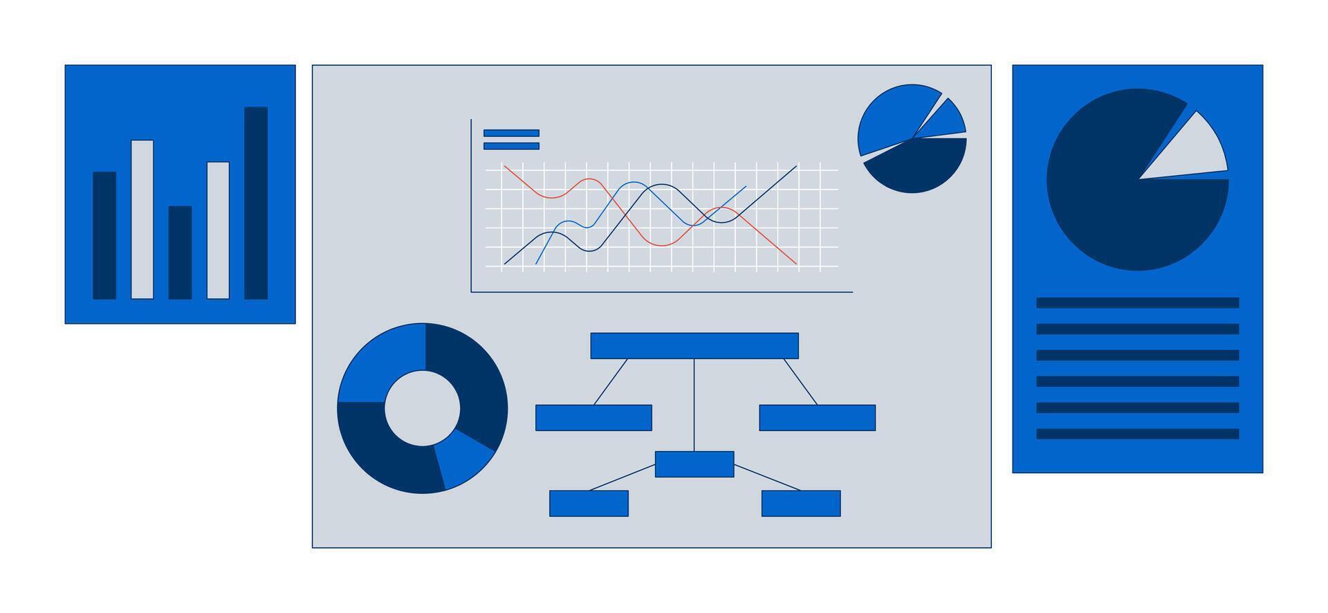 Corporate charts posters 2D cartoon objects set. Analysis diagrams. Analytical graphs presentation pages isolated elements flat cliparts on white background. Spot illustrations collection vector